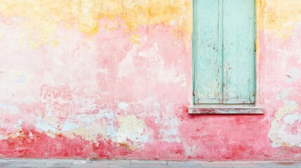 Naklejka premium A faded wall painted in soft pastel hues, featuring a weathered turquoise window, creating a vintage aesthetic with texture and charm.