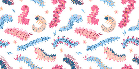 Cute caterpillars. Seamless pattern.