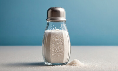 A salt shaker sits on a white surface in front of a blue background