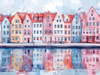 Obraz premium A colorful watercolor painting of a row of charming houses reflecting on a calm water surface.