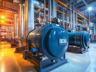Industrial building interior with large metal tanks, pipes, and machinery.