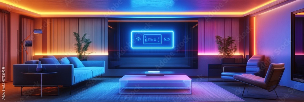 Leinwandbilder this modern living room showcases customizable ambient smart lighting and touch panels, creating a w