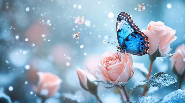 A delicate blue butterfly perches on a pink rose, surrounded by a snowy, wintery backdrop. The soft snowfall and muted colors create a sense of serenity and fragility.