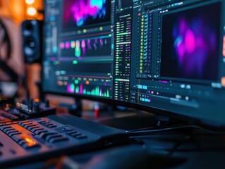 Obraz premium A vibrant digital workspace featuring monitors displaying colorful audio visualizations and a control interface, ideal for music production or video editing.