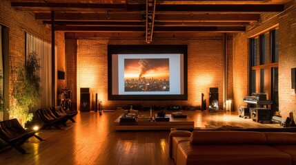 Fototapeta premium Modern Home Theater with Dramatic Cityscape Display