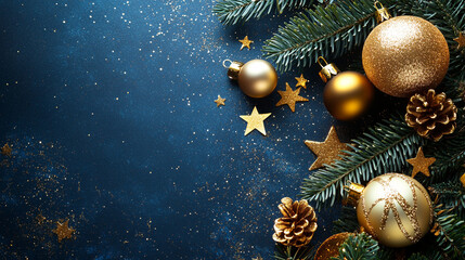 Christmas decor. Golden balls and stars on Christmas tree branch on blue background. Copy space. Top view. 