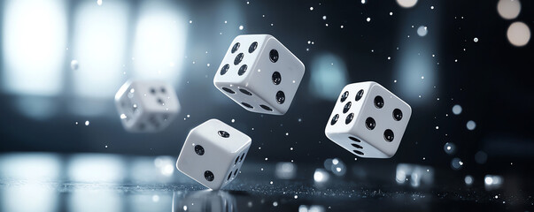 Three dice are frozen in mid-air amidst a sparkling background, capturing a moment of chance and playfulness. The image conveys excitement and unpredictability in a gaming setting.