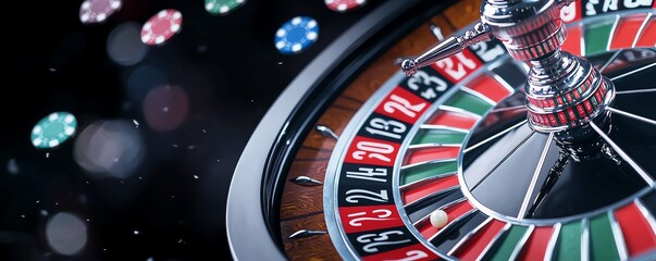 Vibrant casino roulette wheel surrounded by colorful chips, capturing the excitement and thrill of gambling and chance. Perfect for themes of gaming and nightlife.