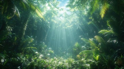 sunlight filtering through the dense canopy of a lush rainforest, casting ethereal beams onto vibrant tropical foliage, creating a serene and enchanting atmosphere that celebrates the beauty of nature