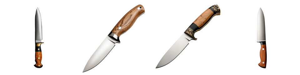 Obraz premium Set of four decorative knives with wooden handles on a white background.