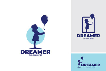 Silhouette of kids holding balloon logo design template