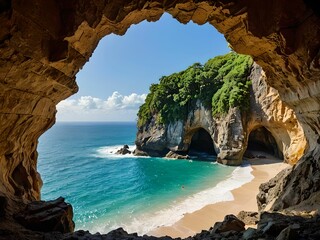 Fototapeta premium wallpaper representing a cave with a beach and a blue ocean, beautifully framed. Exceptional view.