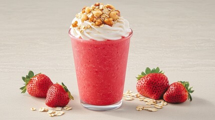 Refreshing Strawberry Smoothie with Whipped Cream and Crunchy Topping Surrounded by Fresh Strawberries and Oats on a Light Stone Background