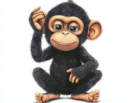recommend clip art: Cute cartoon monkey sitting, smiling, isolated on white background.