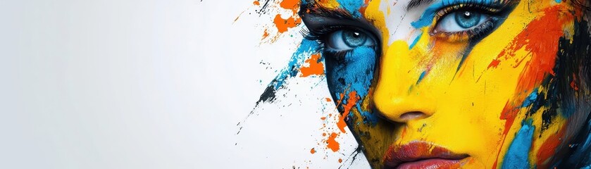 A colorful, artistic depiction of a woman's face, featuring vibrant shades of blue, yellow, and orange, with a painterly style evoking creativity and expression.