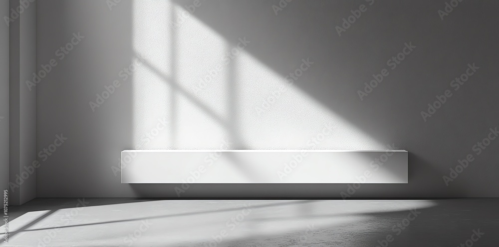Poster minimalist white room with a window casting light on a ledge.