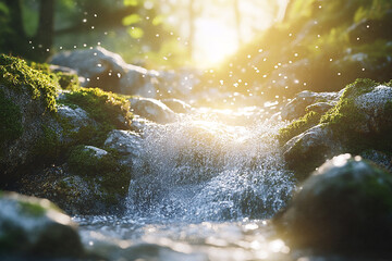 Close-up of flowing water in the rocks, with sunlight, mossy stones