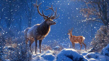 A majestic elk and a young deer stand in a snowy forest, looking at each other. The scene is lit by the sun, which shines through the trees and creates a magical atmosphere.