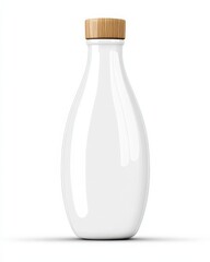 Stylish white bottle with wooden cap, isolated on white background.
