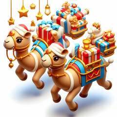 Fototapeta premium 3D Reyes Magos Floating Camels Vector Illustration Festive Decorations Symbolizing Journey Isolated White Background Perfect Infographics Adobe Stock Materials