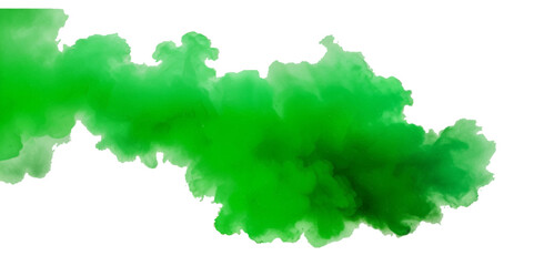 Beautiful green smoke plume isolated on transparent background. bright orange paint color powder festival background.	