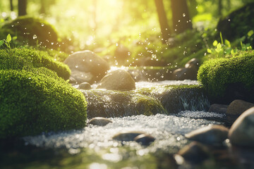 Close-up of flowing water in the rocks, with sunlight, mossy stones