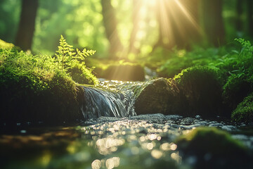 Close-up of flowing water in the rocks, with sunlight, mossy stones