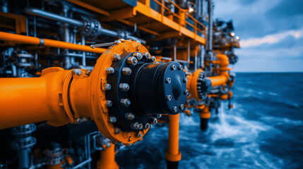 Obraz premium Offshore Oil Rig: A close-up view of an intricate valve and pipe system on a towering offshore oil rig, showcasing the complexity and scale of modern energy infrastructure.