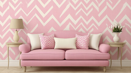 Elegant Pink Living Room with Chevron Patterns and Cozy Decor