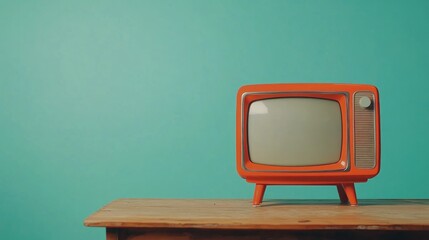 Vintage Orange Television on Wooden Table