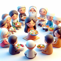 Obraz premium 3D Peaceful Interfaith Potluck Concept Unity People Different Religions Sharing Dishes Community World Religion Day Icon Copy Space Isolated White Background