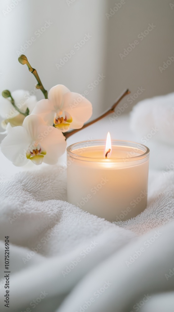 Aufkleber white burning candle is resting on a stack of soft white towels with a white orchid flower, creating
