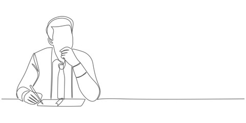 Line art Illustration of businessman thinking about project at workplace thoughtful. Single continuous line art style