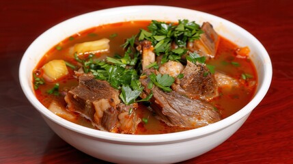 Halal food ingredients cooking. A rich, savory soup featuring tender meat, fresh herbs, and spices, served in a white bowl against a dark wooden background.