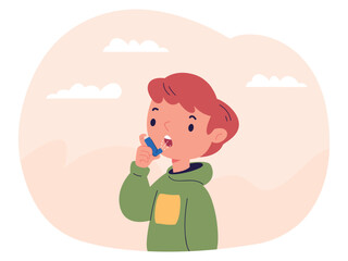 Boy asthma. Child patient with inhale spray, allergic attack bronchitis lungs remediation problem coughing symptoms medicine treatment, asthmatic cartoon kid vector illustration