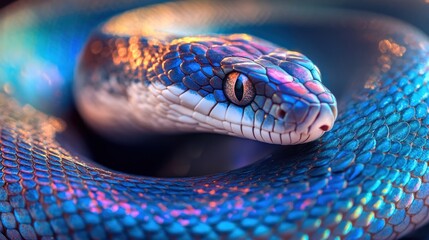 Fototapeta premium Close-up of a blue and green snake with iridescent scales