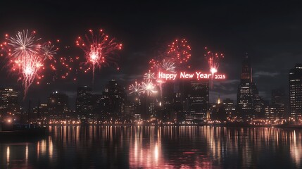 Fireworks Display Over a City Skyline at Night with "Happy New Year 2025" in Red Neon Lights