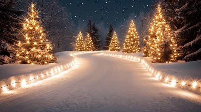 Snowy Road with Illuminated Christmas Trees, a magical and festive atmosphere.