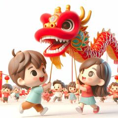 Fototapeta premium 3D Candid Photo Children Playing Dragon Dance Puppets Park Copy Space, Children Playing Dragon Dance Puppets, Chinese New Year Traditions, 3D Icon Cute Chibi Isolated White Background