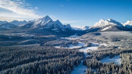 A snowy mountain range with a forest in the foreground.