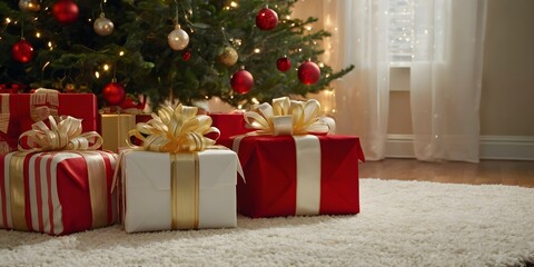 A christmas gift, xmas or present box objects on holiday mood background,A christmas gift, xmas or present box objects on holiday mood background in winter,Festive Christmas gifts and decorated tree