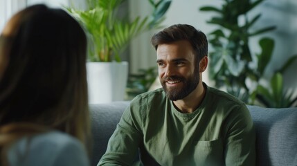Bearded man in green shirt talking with woman on gray sofa, cozy room with plants, soft daylight,
