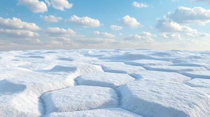 Obraz premium A vast, white landscape with a textured, cracked surface stretches out under a clear blue sky with puffy clouds.