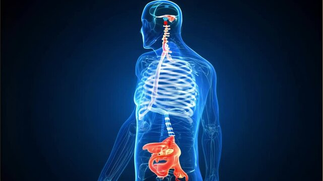 An illuminated, transparent skeleton showcases the human spine and skeletal structure in a scientific and medical perspective with a blue background.
