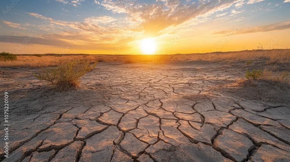Poster a barren expanse shows dry, cracking soil with sparse, withered vegetation beneath a bright sun sett