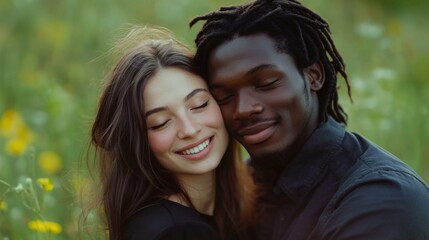 Fototapeta premium Happy young woman with long hair and dark-skinned man embracing in meadow, natural light, green background,