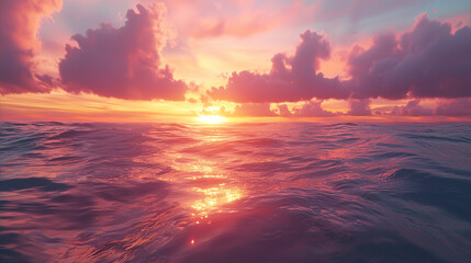 Fototapeta premium Magical sunset over a calm ocean with warm, vibrant clouds and soft reflections in the water.