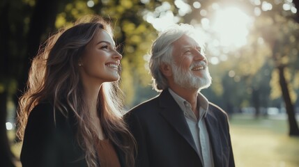 Fototapeta premium Young woman with long hair and elderly man smiling on outdoor walk, daylight, green trees,
