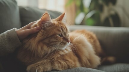 fluffy cat on cozy sofa with hand petting him, bright home environment
