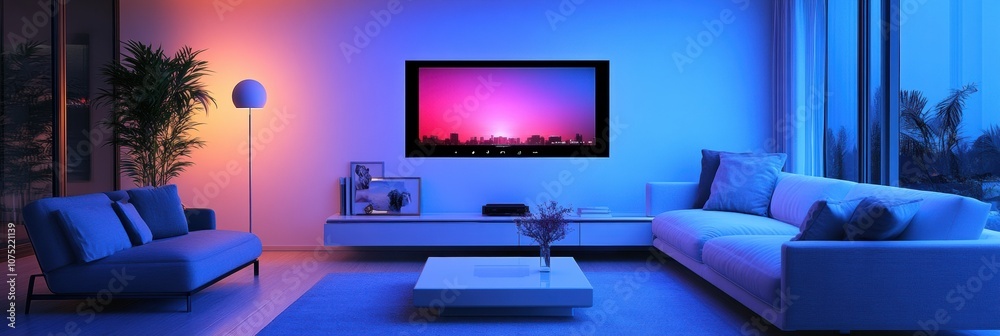Poster A stylish living room is illuminated by customizable smart lighting, creating a warm and inviting atmosphere in the evening. Generative AI